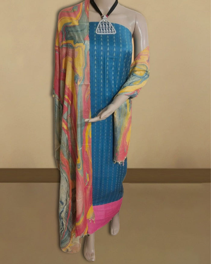 Abstract Katan Silk Tie Dyed Blue & Pink Suit (T+B+D)