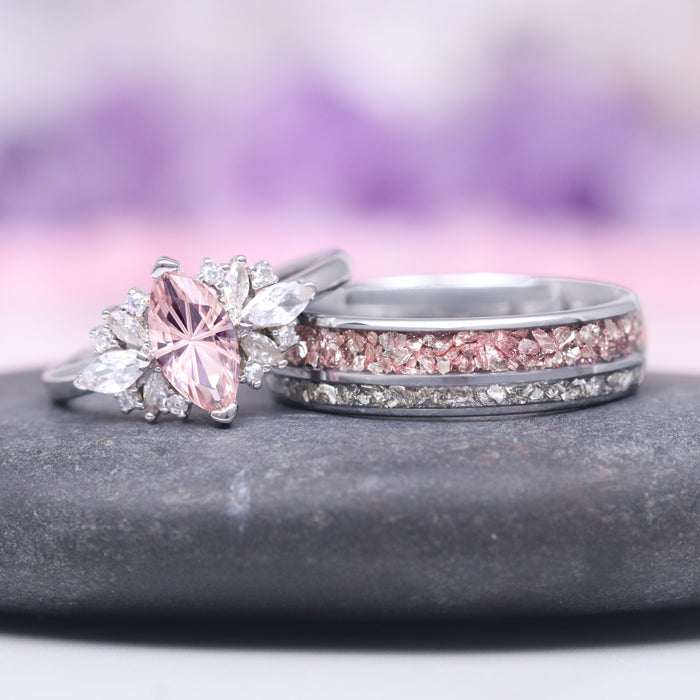 Adeline Unique Fireworks Cut Morganite Couples Ring Set featuring a marquise-cut pink morganite center with sparkling white cubic zirconia accents, paired with matching crushed morganite and crushed silver-tone bands, crafted by Aquamarise from Matching Couples' Rings and New Arrivals collections.