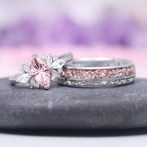 Adeline Unique Fireworks Cut Morganite Couples Ring Set featuring a marquise-cut pink morganite center with sparkling white cubic zirconia accents, paired with matching crushed morganite and crushed silver-tone bands, crafted by Aquamarise from Matching Couples' Rings and New Arrivals collections.