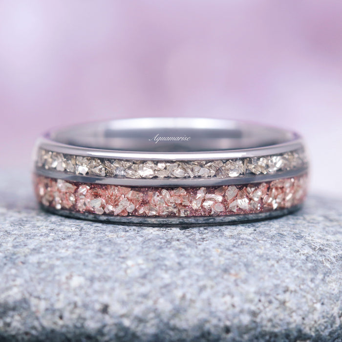 Adeline Unique Fireworks Cut Morganite Couples Ring Set by Aquamarise featuring a sterling silver and tungsten band with crushed pink morganite and diamond cubic zirconia inlays, blending fantasy-inspired design with modern elegance.