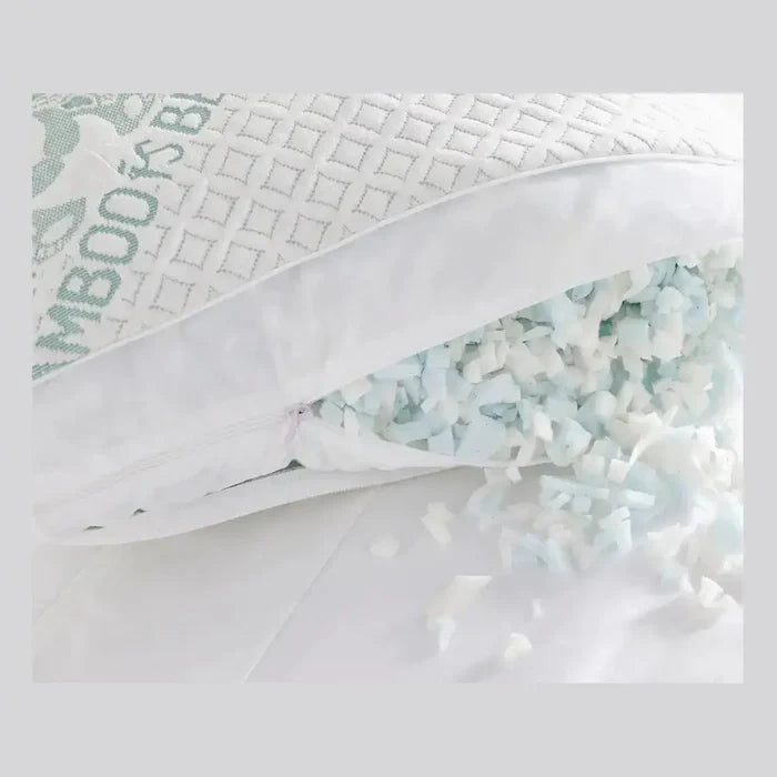 Adjustable Bamboo Cooling Pillow showcasing shredded foam filling and adjustable zipper for personalized comfort.