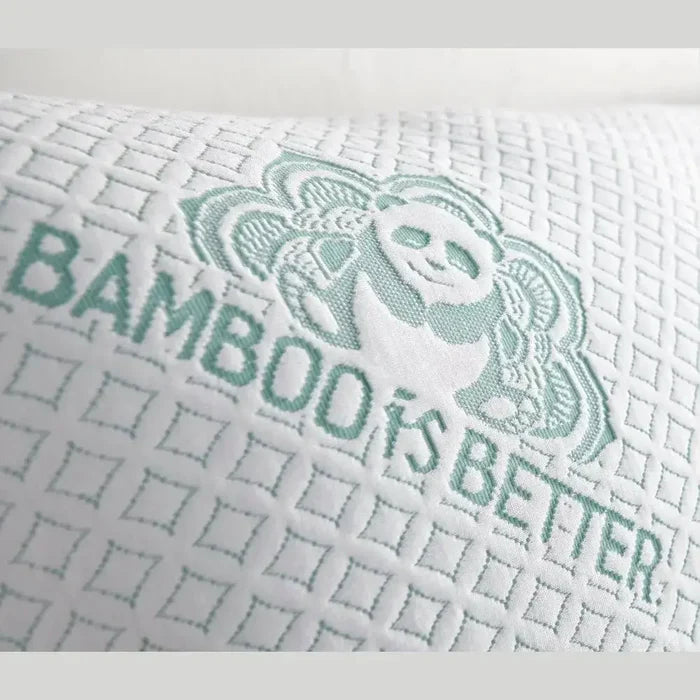 Adjustable bamboo cooling pillow featuring a bamboo logo that says 'Bamboo's Better' on the fabric.