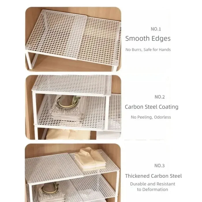 Adjustable closet shelf organizer showcasing smooth edges, carbon steel coating, and thickened carbon steel features.