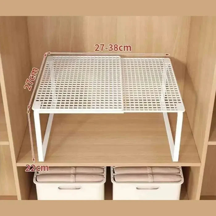 Adjustable closet shelf organizer displayed in a wardrobe, showcasing size dimensions for easy installation.