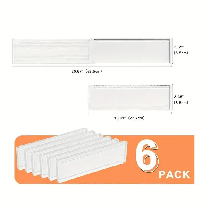 Adjustable drawer dividers showing sizes and expansion capabilities for drawer organization.