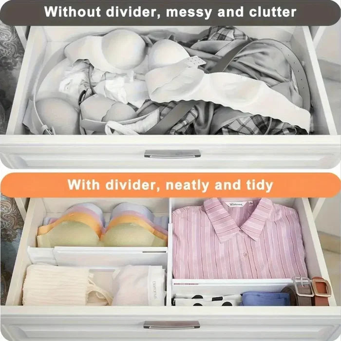 Before and after image showing drawers without and with adjustable drawer dividers, demonstrating organization and tidiness.