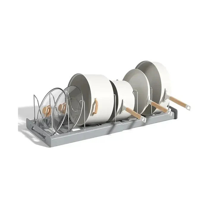 Adjustable pot and pan organizer displaying upright cookware and lids in a sleek design for efficient kitchen storage.