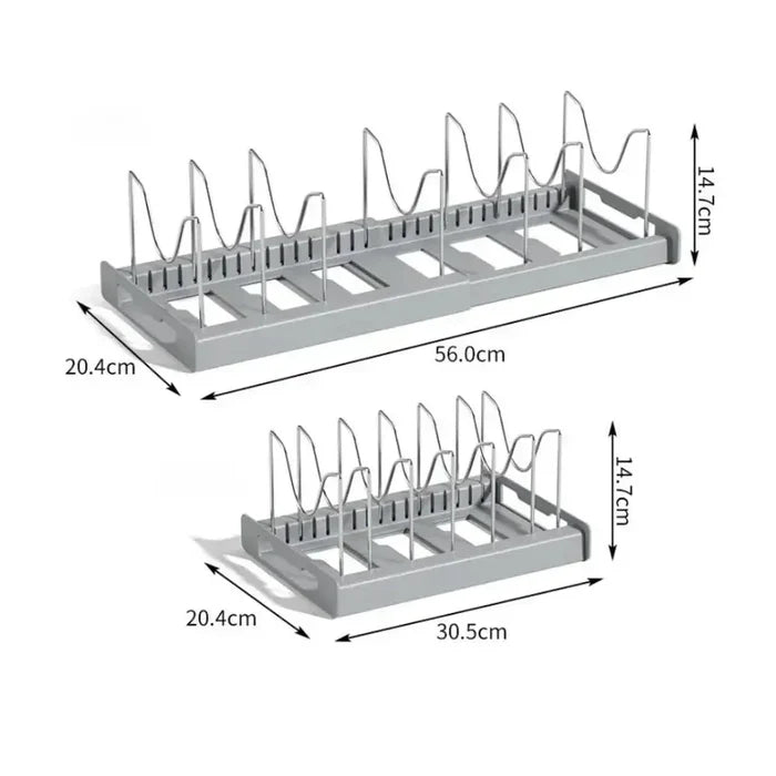 Adjustable pot and pan organizer showcasing expandable design with dimensions displayed in a kitchen setting.