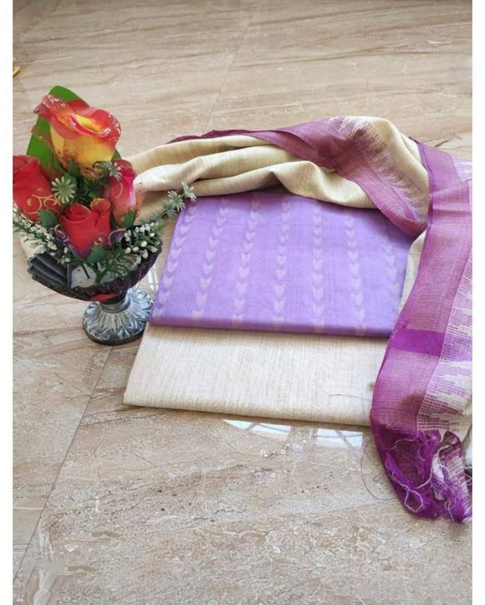 Adorable Khadi Cotton Handcrafted Violet Suit (T+B+D)