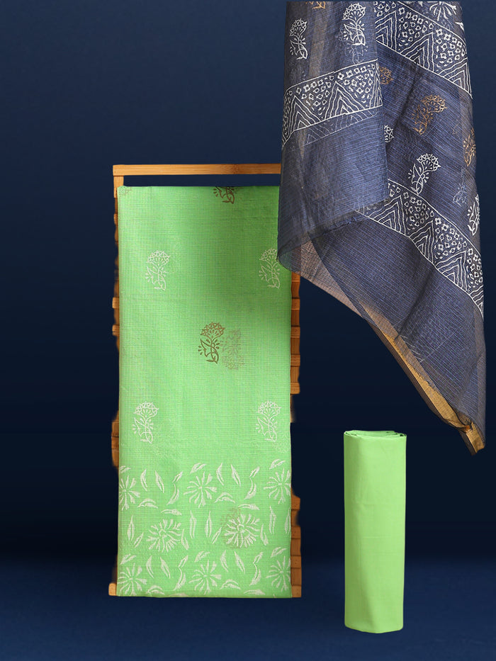 Adorable Kota Doria Blockprint Suit (T+B+D) Material Green With Blue Dupatta
