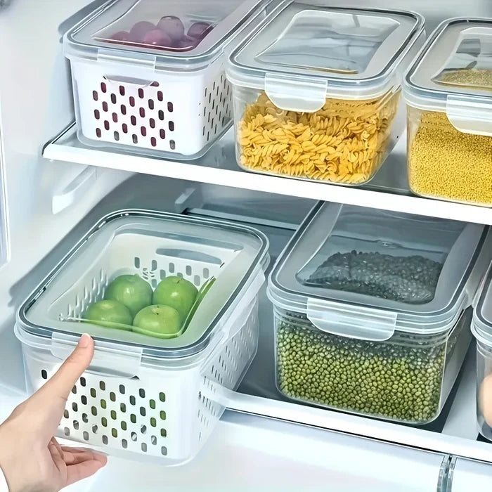 Airtight leak-proof food storage containers organized in a fridge, showcasing fruits and grains.