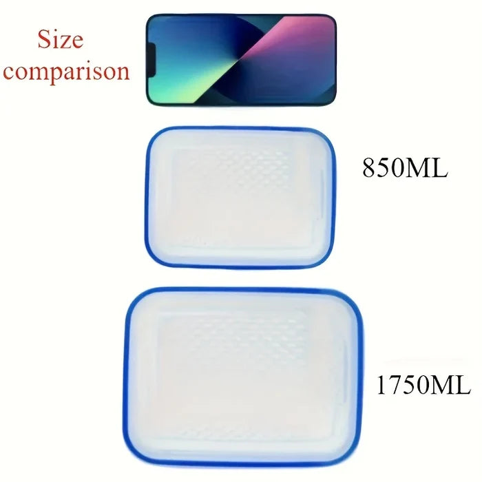 Size comparison of leak-proof food storage containers with 850ML and 1750ML capacities.