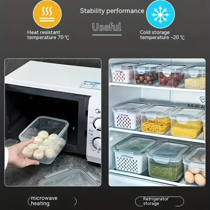 Leak-proof food storage containers demonstrating heat resistance and cold storage capabilities.