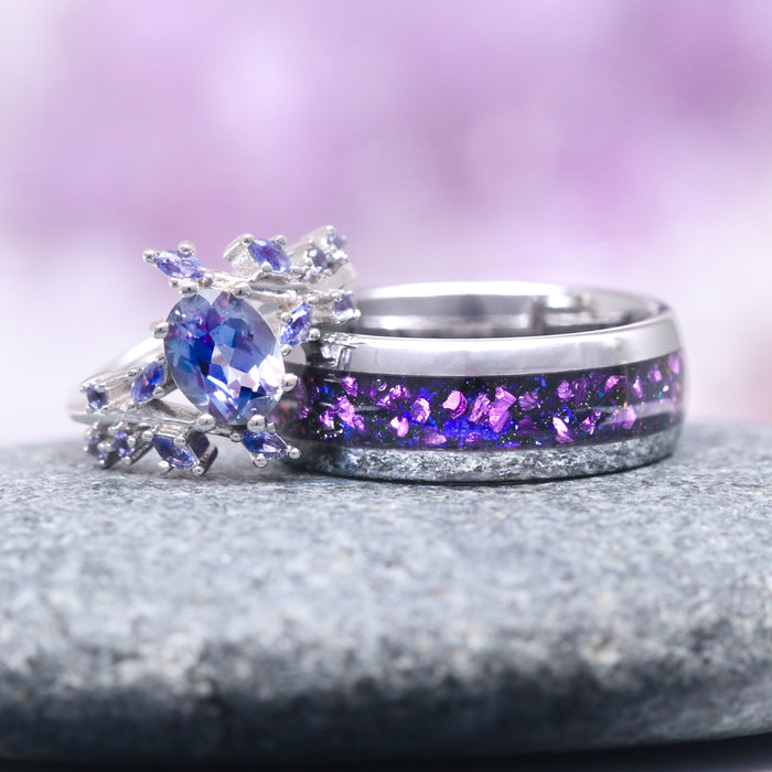 Alexandrite & Cornflower Sapphire Fairy Leaf Ring- 14K White Gold by Aquamarise Gold, featuring a dazzling oval alexandrite center with cornflower sapphire accents in a delicate leaf-inspired design, paired with a complementary band showcasing vibrant purple crushed stones, part of the Solid Gold Engagement Rings and Birthstone Jewelry collections.