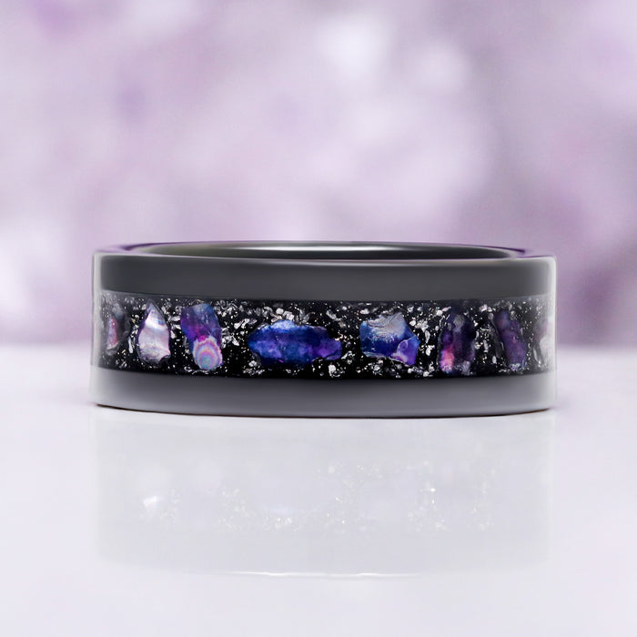 Galaxy Mother of Pearl & Meteorite Wedding Band in Black Tungsten Carbide (8mm) by Aquamarise, side profile of the black band and its shimmering inlay.