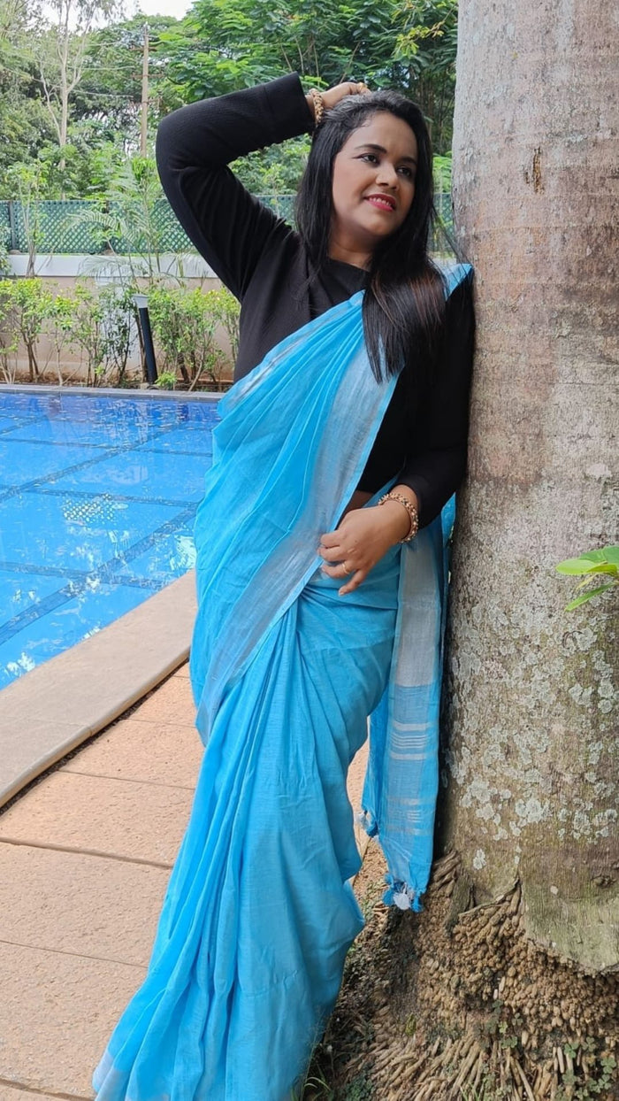 Handwoven Pure Linen Blue Plain Saree with Blouse-Indiehaat