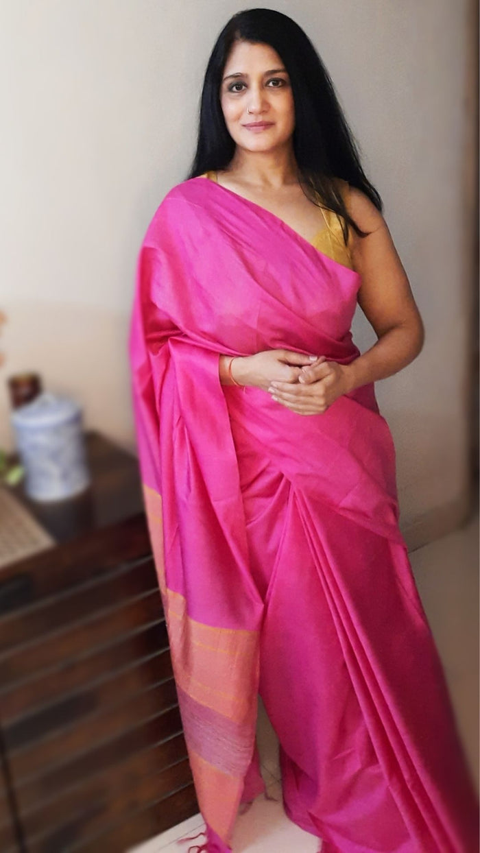 Pure Eri Silk Pink Saree with Running Blouse-Indiehaat