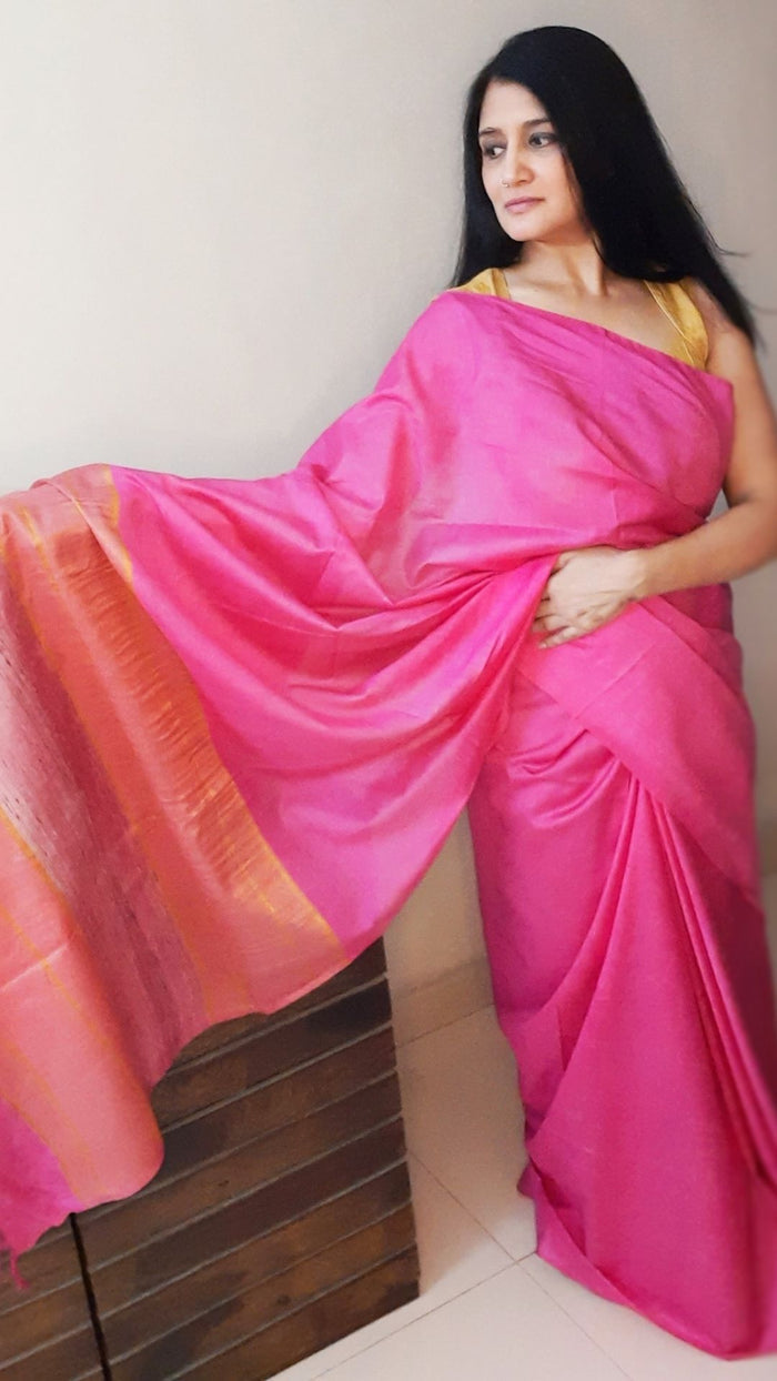 Pure Eri Silk Pink Saree with Running Blouse-Indiehaat