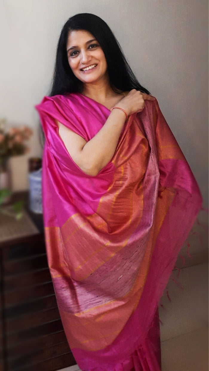 Pure Eri Silk Pink Saree with Running Blouse-Indiehaat