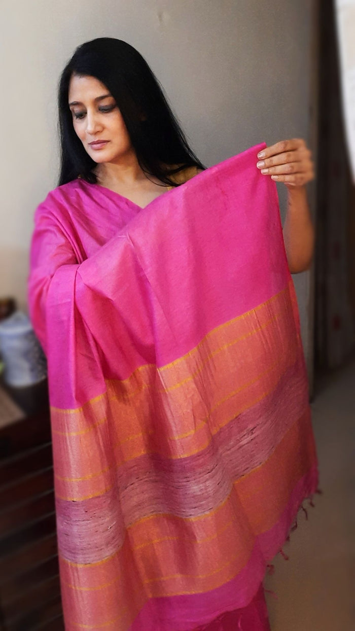 Pure Eri Silk Pink Saree with Running Blouse-Indiehaat