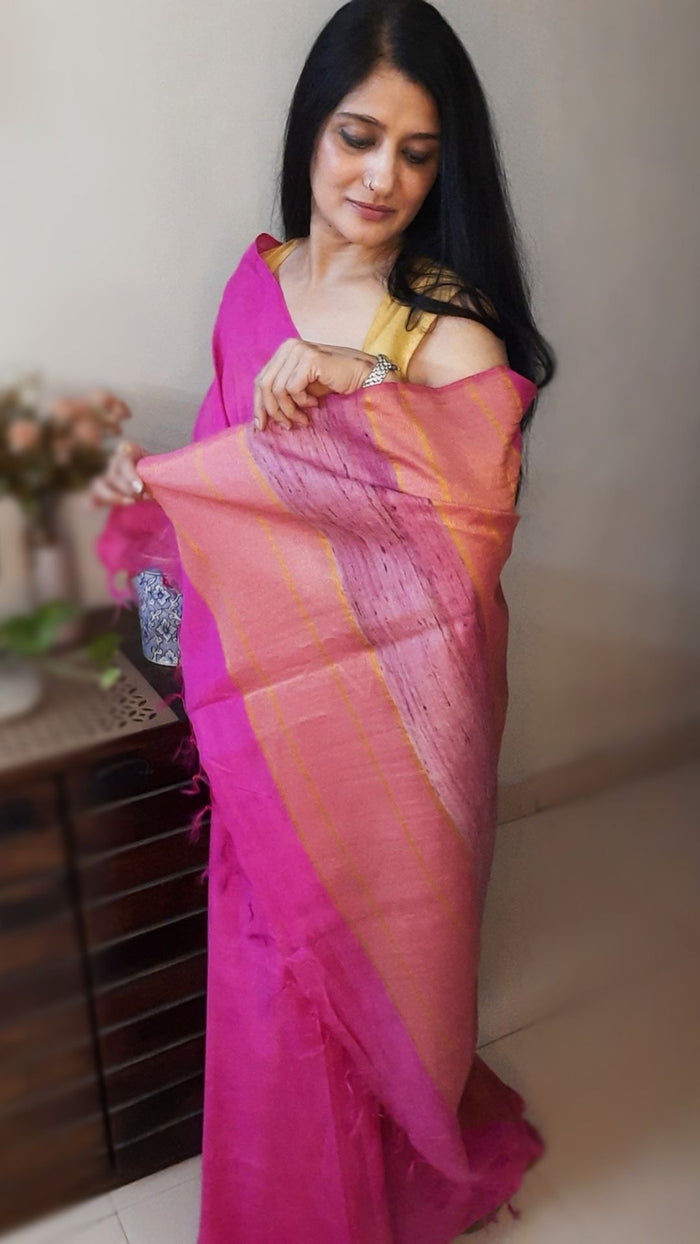 Pure Eri Silk Pink Saree with Running Blouse-Indiehaat
