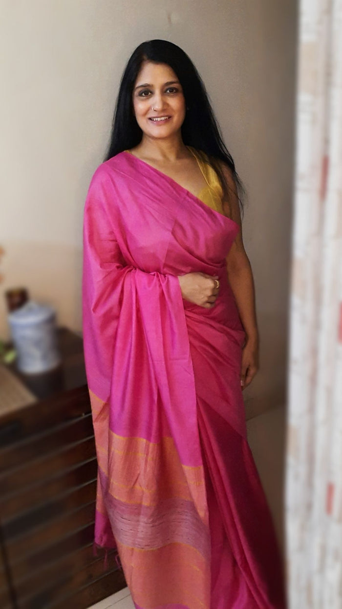 Pure Eri Silk Pink Saree with Running Blouse-Indiehaat