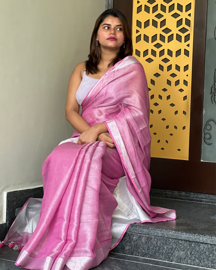 Alluring Pure Tissue Linen Pink Handdyed Saree