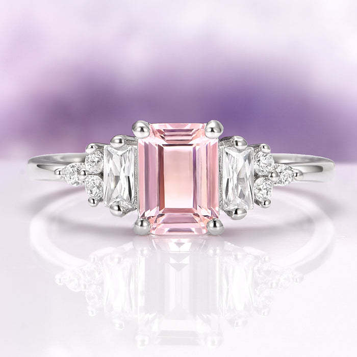 Emerald Cut Morganite Ring in Sterling Silver
