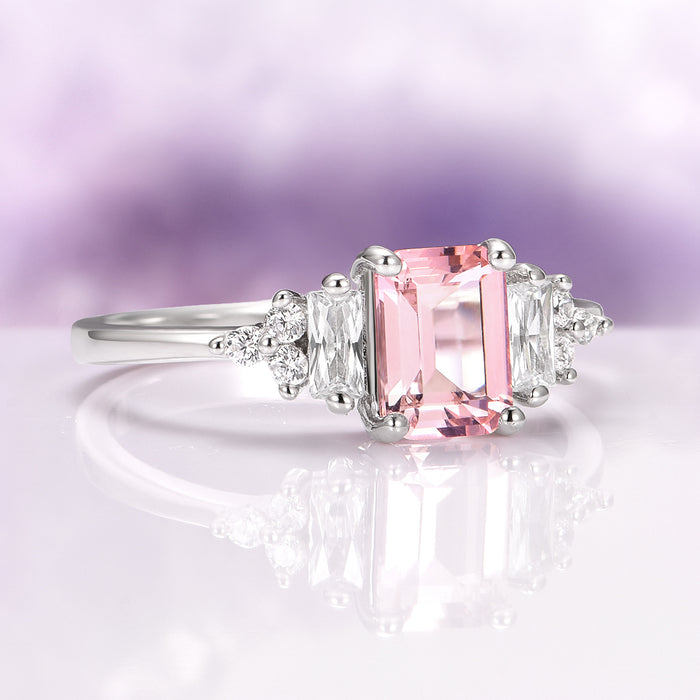 Emerald Cut Morganite Ring in Sterling Silver