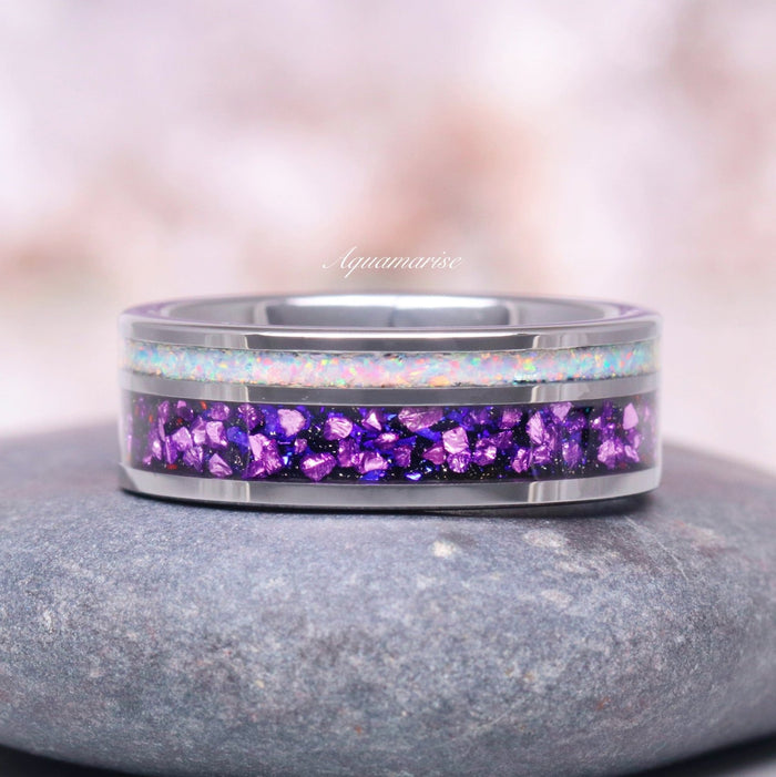 Galaxy Amethyst & Fire Opal Wedding Band- 8MM Tungsten Carbide featuring crushed purple amethyst and iridescent fire opal inlays with a polished durable silver band by Aquamarise.
