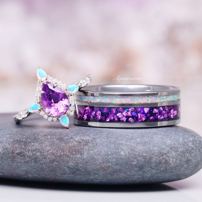 Galaxy Amethyst & Fire Opal Wedding Band- 8MM Tungsten Carbide with crushed purple amethyst and iridescent opal inlay on a polished silver band by Aquamarise, featured with a matching gemstone ring.