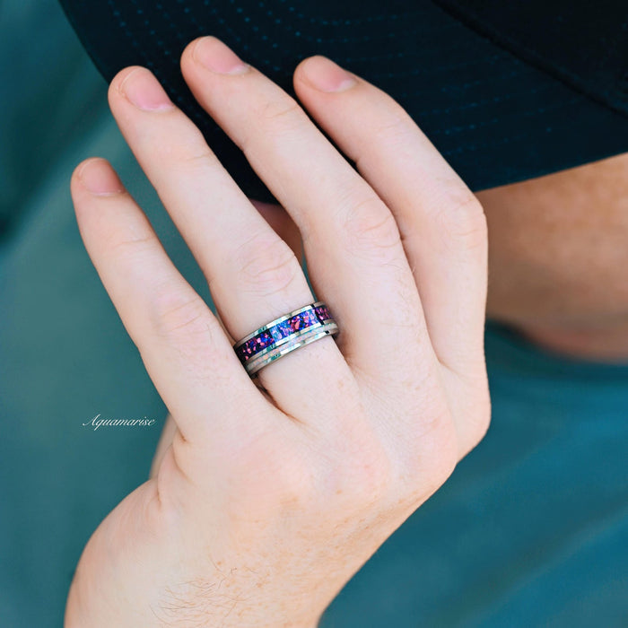 Galaxy Amethyst & Fire Opal Wedding Band- 8MM Tungsten Carbide featuring vibrant purple amethyst and galaxy fire opal inlays on a polished durable band by Aquamarise.