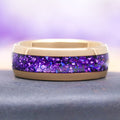 Amethyst and Galaxy Fire Opal Leaf Couples Ring Set by Aquamarise featuring a smooth gold band inlaid with vibrant crushed purple amethyst and iridescent galaxy fire opal, part of Matching Couples' Rings and Amethyst Jewelry collections.