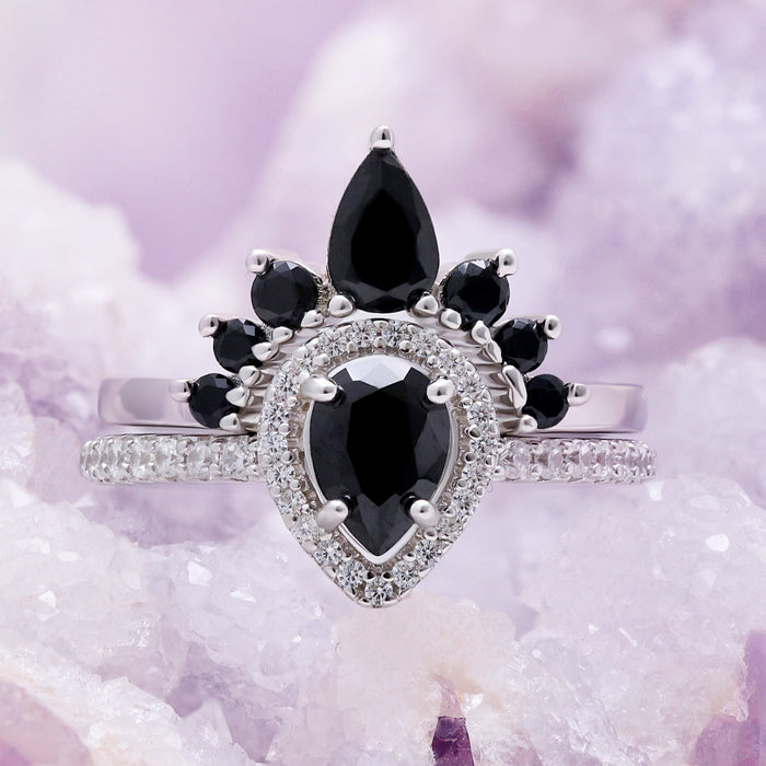 Pear cut black onyx engagement ring set in sterling silver with pave band