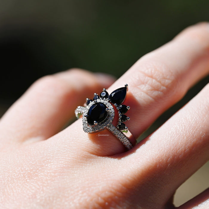 Amy Black Onyx Ring Set- 925 Sterling Silver by Aquamarise, featuring teardrop and oval black onyx stones accented by pavé diamonds on a delicate band, perfect for unique promise rings.