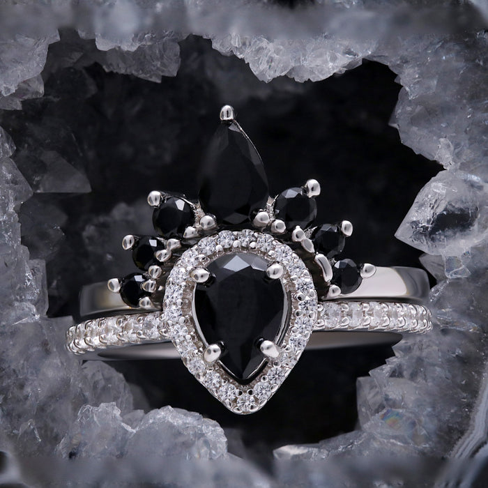 Sterling silver black onyx ring set shown from the side profile
