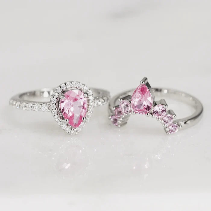 Amy Pink Sapphire Engagement Ring Set in Sterling Silver by Aquamarise featuring a pear-cut pink sapphire with diamond accents in a vintage-inspired style from Sterling Silver Rings and September Birthstone Jewelry collections.