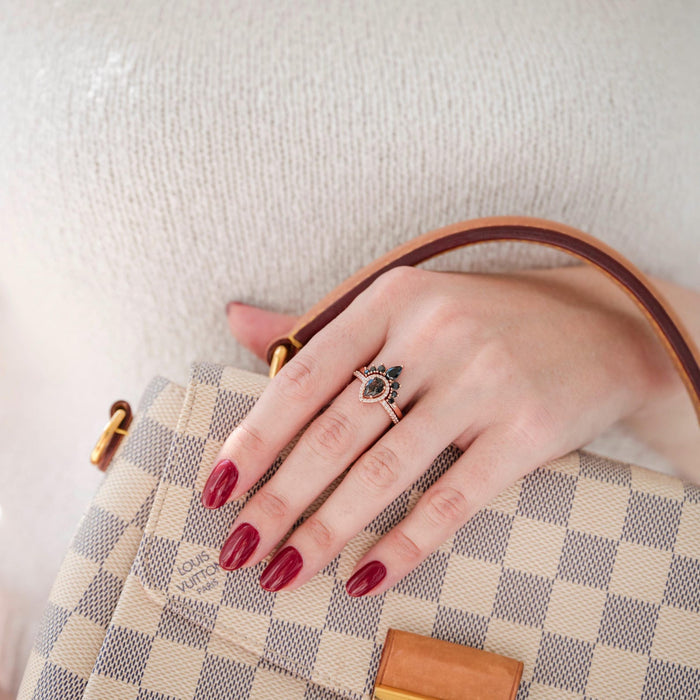 Amy Rutilated Quartz & Black Onyx Ring Set in 14K Rose Gold Vermeil by Aquamarise, vintage-inspired design, featuring pear-shaped stones with black onyx, perfect for alternative engagement styles.