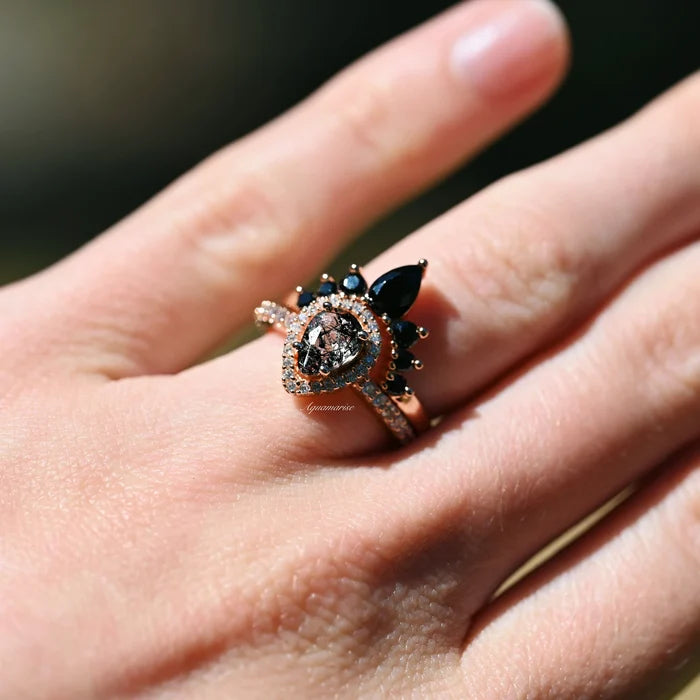 Amy Rutilated Quartz & Black Onyx Ring Set in 14K Rose Gold Vermeil by Aquamarise, featuring a pear-shaped rutilated quartz with black onyx and pavé accents in a vintage-inspired design.