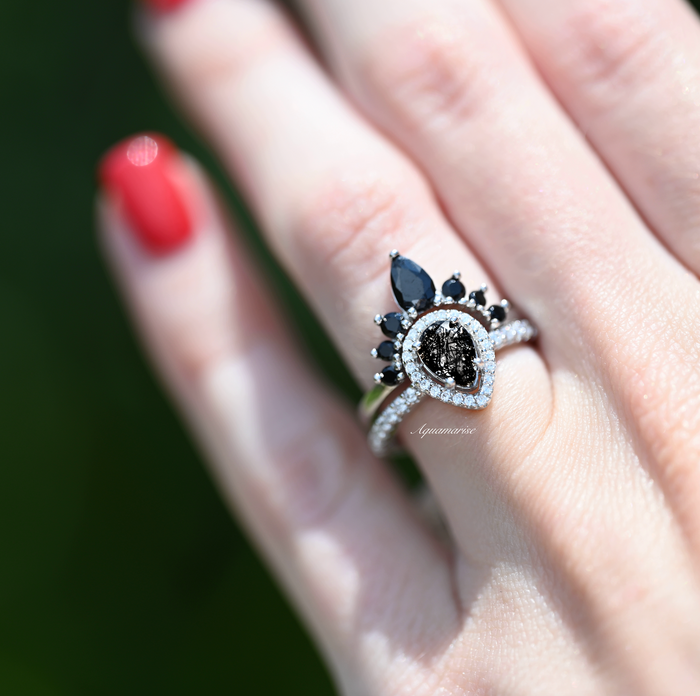 Amy Rutilated Quartz & Black Moissanite Engagement Ring Set in 14K White Gold, featuring a teardrop rutilated quartz center with black moissanite and pavé diamond accents by Aquamarise Gold.