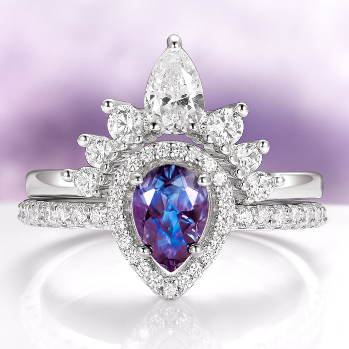 Amy Teardrop Alexandrite Engagement Ring Set in 14K White Gold by Aquamarise Gold, featuring a pear-shaped alexandrite surrounded by sparkling diamonds in a unique fantasy-inspired design.