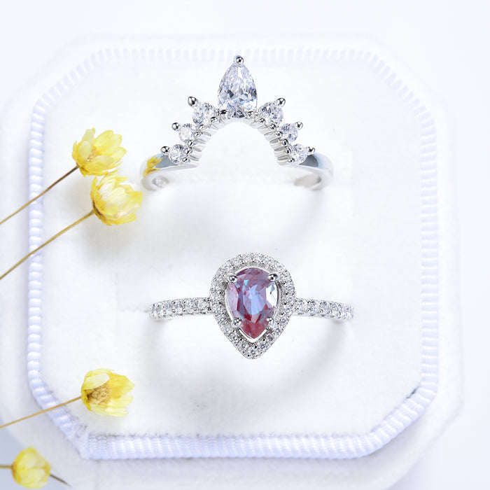 Amy Teardrop Alexandrite Engagement Ring Set in 14K White Gold by Aquamarise Gold, featuring a pear-shaped alexandrite surrounded by sparkling diamonds in an elegant fantasy-inspired design.