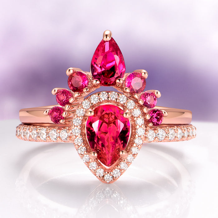 Amy Teardrop Lab-Grown Ruby Ring Set in 14K Rose Gold Vermeil by Aquamarise, featuring pear-shaped rubies and sparkling accent stones on rose gold vermeil bands, from the Rose Gold Vermeil Rings collection.