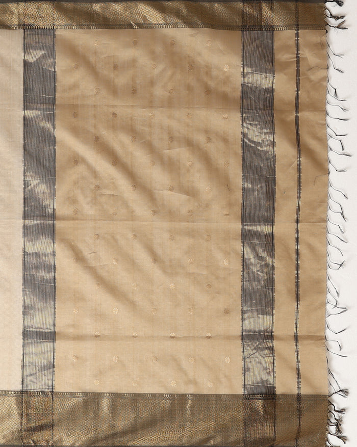Antique gold Maheshwari silk saree with small buti and a wide charcoal grey pallu border with copper detailing, handwoven in Maheshwar