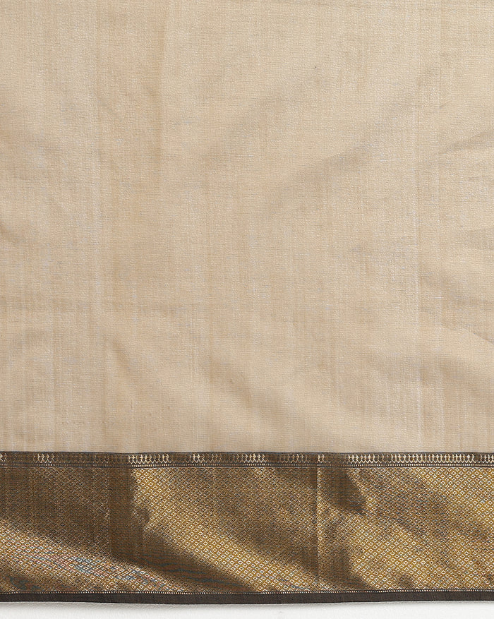 Antique gold Maheshwari silk saree with small buti and a wide charcoal grey pallu border with copper detailing, handwoven in Maheshwar