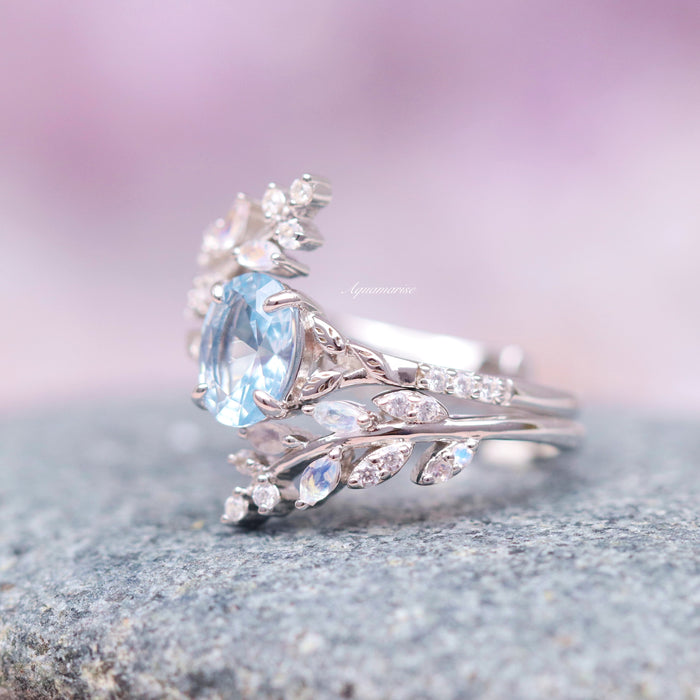Aquamarine & Moonstone Fairy Leaf Ring Set- Sterling Silver with ice-blue aquamarine and moonstone stones, handcrafted nature-inspired design by Aquamarise in sterling silver.