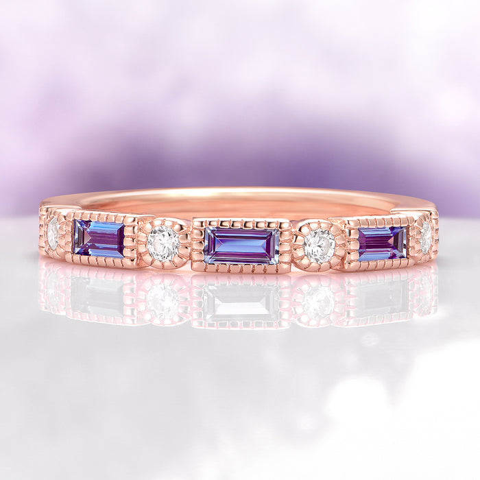 Art Deco Alexandrite Band in 14K Rose Gold Vermeil by Aquamarise, featuring alternating rectangular lab-grown Alexandrite and round cubic zirconia stones in a vintage-inspired rose gold vermeil setting.