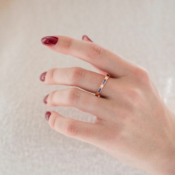 Art Deco Alexandrite Band in 14K Rose Gold Vermeil by Aquamarise, featuring alternating lab-grown Alexandrite and cubic zirconia stones on a slender rose gold vermeil band.