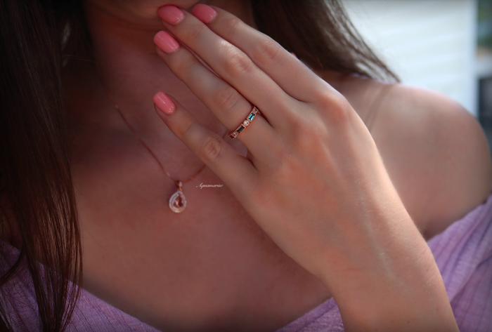 Art Deco Alexandrite Band in 14K Rose Gold Vermeil by Aquamarise, featuring alternating lab-grown Alexandrite and cubic zirconia stones on a delicate rose gold vermeil band.