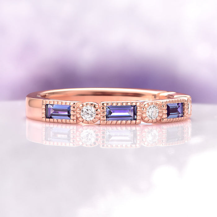 Art Deco Alexandrite Band in 14K Rose Gold Vermeil by Aquamarise, featuring rectangular lab-grown Alexandrite and round cubic zirconia stones on a polished rose gold vermeil band.